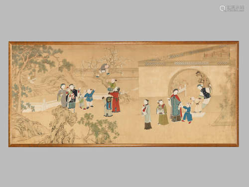 A FINE AND VERY LARGE PAINTING WITH CHILDREN PLAYING IN THE PALACE GARDEN