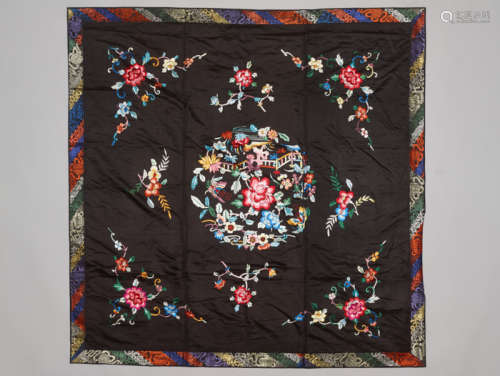 A BLACK SILK EMBROIDERY WITH COLORFUL ROUNDEL, REPUBLICAN PERIOD