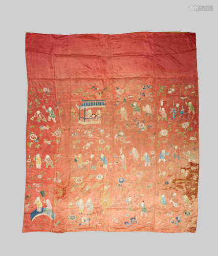 A LARGE SILK EMBROIDERY WALL-HANGING WITH 100 BOYS AT PLAY, QING DYNASTY