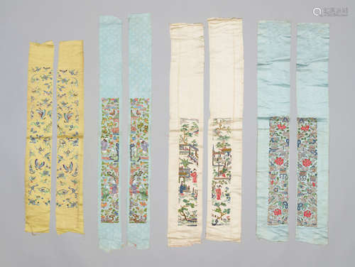 FOUR PAIRS OF CHINESE SILK SLEEVE BANDS, QING DYNASTY