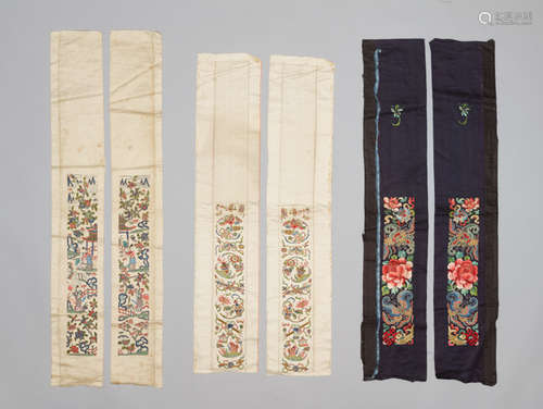 THREE PAIRS OF CHINESE SILK SLEEVE BANDS, EIGHT BUDDHIST TREASURES, QING