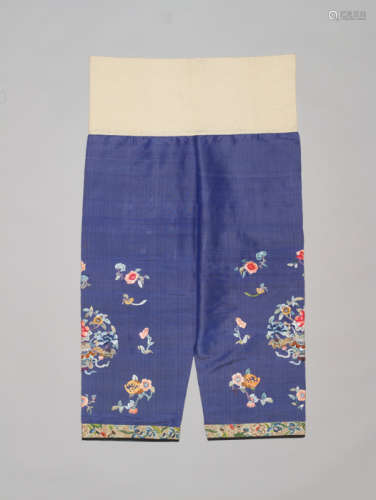 A BLUE SILK KU LADY’S TROUSERS WITH FLORAL EMBROIDERY, 1920s