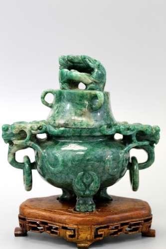 Chinese hard stone incense burner with wood stand.