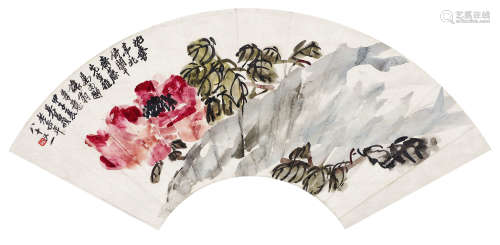 吴昌硕（1844～1927） 1924年作 牡丹湖石 立轴 设色纸本