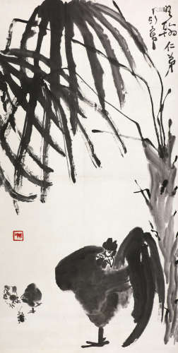 丁衍庸（1902～1978） 芭蕉群鸡 立轴 水墨纸本
