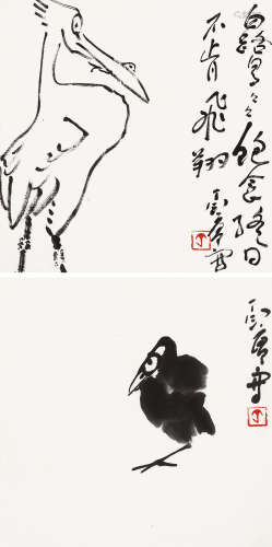 丁衍庸（1902～1978） 白鹭 小鸡 （二帧） 镜心 水墨纸本