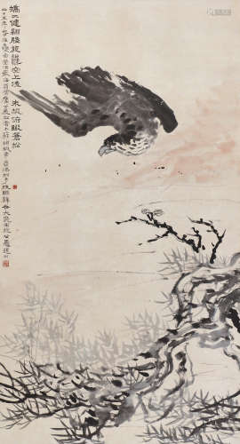 刘海粟（1896～1994）  马公愚等 1936年作 鹰 立轴 设色纸本