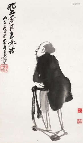 张大千（1899～1983） 1966年作 高仕咏诗图 镜心 水墨纸本