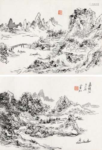 黄宾虹（1865～1955） 嘉陵江上山水写生 （两帧） 镜心 水墨纸本