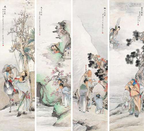沈心海（1855～1941） 1915年作 仿古人物 四屏立轴 设色纸本
