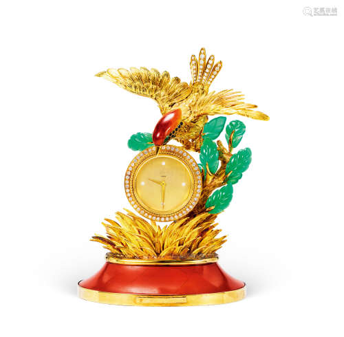 jp bellin 独特精致，手工雕饰黄金镶钻石及彩色宝石飞鸟座钟，年份约1990