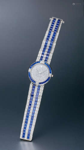 昆仑 精致优雅，铂金镶钻石及蓝宝石女装链带腕表，年份约1995年，附原厂证书及表盒