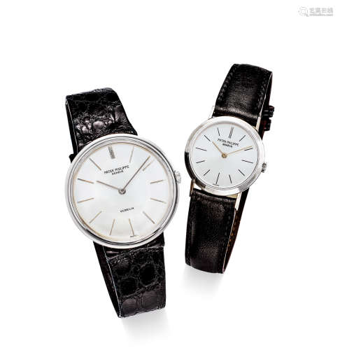 百达翡丽 精致一组两枚，白金机械腕表，男装腕表：型号2591，1965年制；女装腕表：型号3338/1，1974年制，附原厂后补证书及表盒