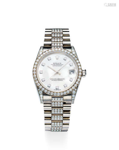 劳力士 高贵罕有，白金镶钻石女装自动上弦腕表，备日期显示，「DATE JUST」，年份约1990