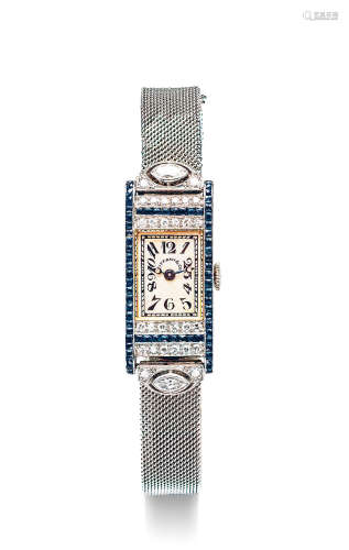 蒂芙尼 精致典雅，铂金镶钻石及蓝宝石女装机械链带腕表，年份约1930