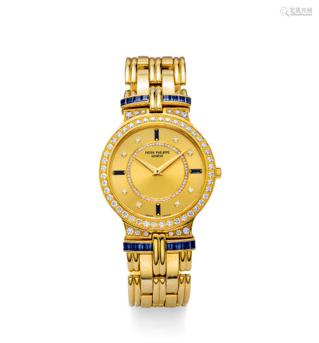 百达翡丽 精致罕有，黄金镶钻石及蓝宝石机械链带腕表，型号3964/11，年份约1980，附原厂后补证书