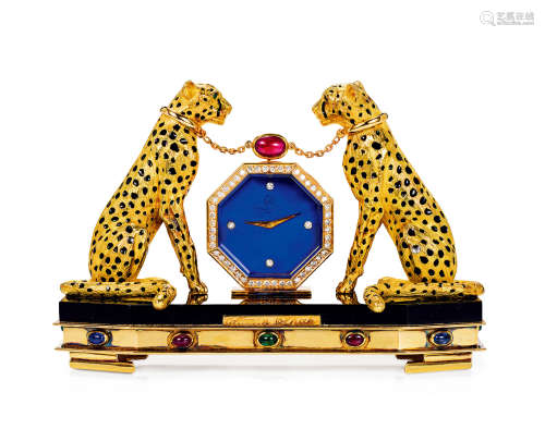 jp bellin 独特精致，手工雕饰黄金镶钻石及彩色宝石猎豹座钟，年份约1990