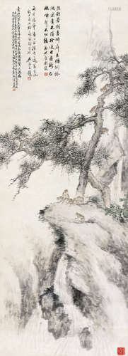 朱文侯（1895～1961） 1929年作 猿戏图 立轴 设色纸本