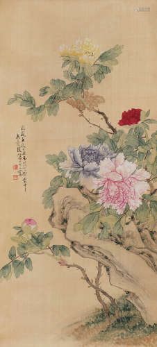汤世澍（1831～1903） 花开富贵 立轴 设色绢本