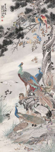 朱文侯（1895～1961） 1943年作 百鸟朝皇 立轴 设色纸本