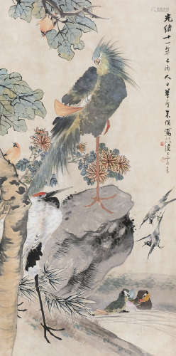 朱梦庐（1826～1900） 1945年作 百鸟朝凤 立轴 设色纸本