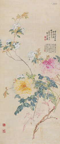 汤世澍（1831～1903） 1853年作 仿王武笔意 立轴 设色绢本