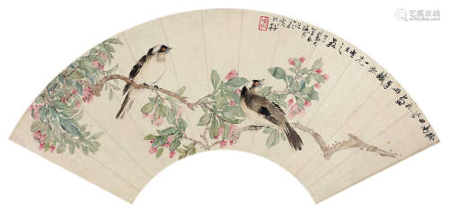姜埙（1764～1821） 桃花小鸟 扇面 设色纸本