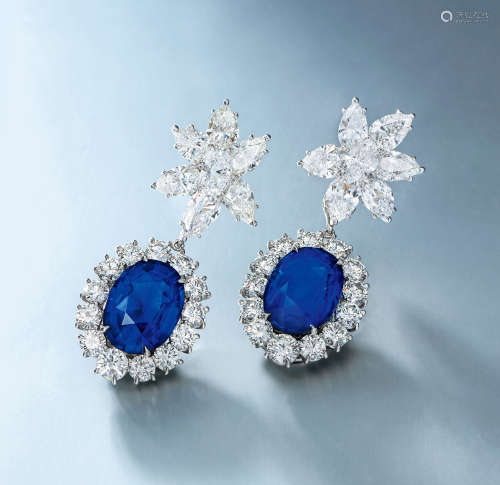 海瑞·温斯顿设计 13.01及13.79克拉缅甸「皇家蓝」蓝宝石配钻石耳环，未经加热