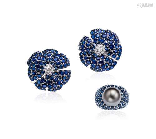 DIRCE REPOSSI设计 大溪地珍珠，蓝宝石及钻石戒指及耳环套装