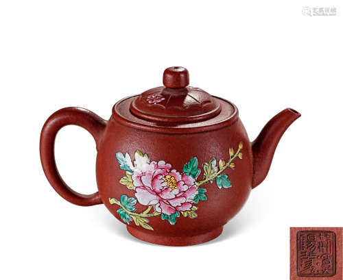 现代 紫砂加粉彩茶壶