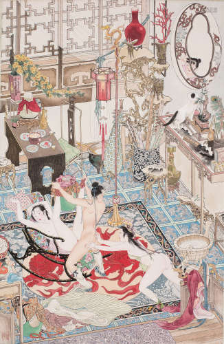 胡也佛（1908～1980） 春宫图 镜片 纸本
