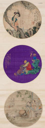 居廉（1828～1904）  张涛（清）  吴凌（1831～1913） 1873年作、1882年作、1891年作 人物团扇 （三帧） 屏轴 绢本