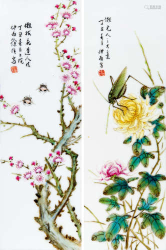 徐仲南 1937年 粉彩花卉虫草瓷板 （二张）
