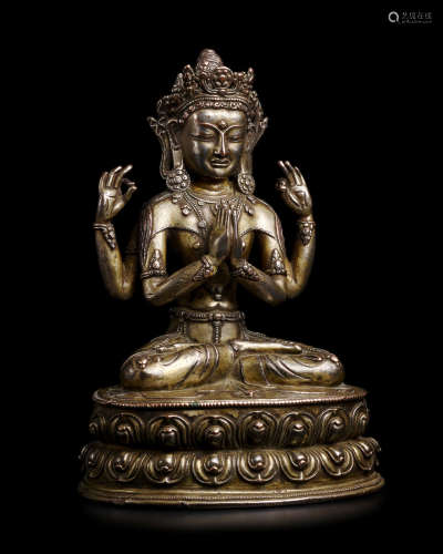 西藏，十六世纪早期 鎏金鎏银四臂观音铜像