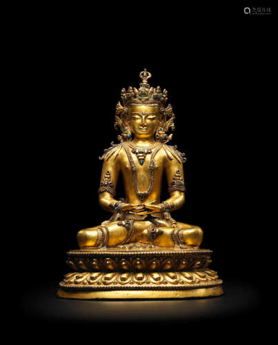 西藏，约十四世纪 铜鎏金无量寿佛坐像