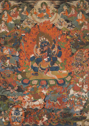 西藏中部，十八/十九世纪 四臂大黑天唐卡