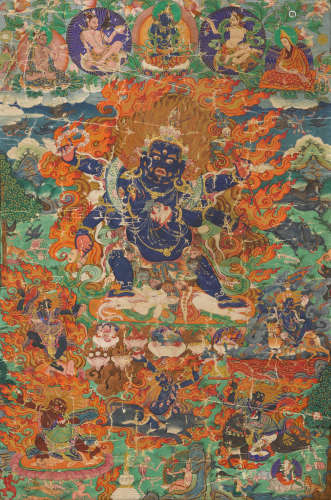 西藏中部，扎什伦布风格，十九世纪 六臂大黑天唐卡