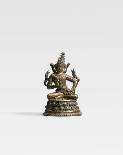 印度东北部，帕拉时期，十一/十二世纪 错银错红铜莲华手观音铜像