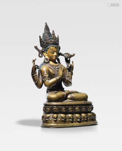 西藏，约十三世纪 错红铜四臂观音铜像