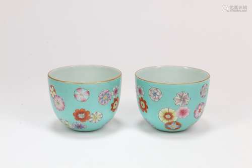 A Pair of Chinese Turquoise Ground Porcelain Cups