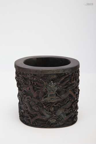 A Chinese Carved Wood Brush Pot