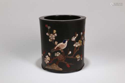 A Chinese Carved Hardwood Brush Pot with Inlaid