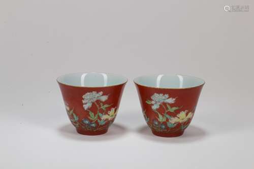 A Pair of Chinese Red Glazed Porcelain Cups