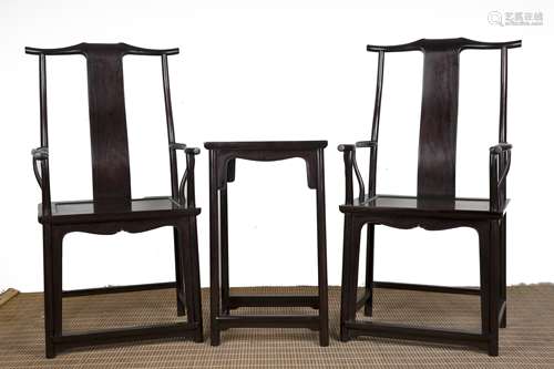 A Pair of Chinese Zitan Chairs with An End Table