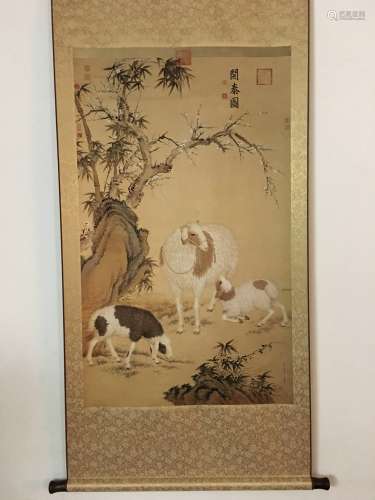 Chinese Watercolor Painting with Sheep