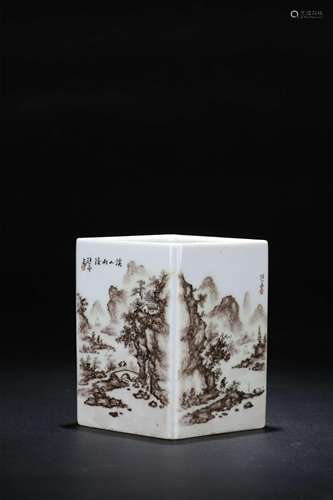 A Chinese Famille Rose Porcelain Square Brush Pot With Landscape