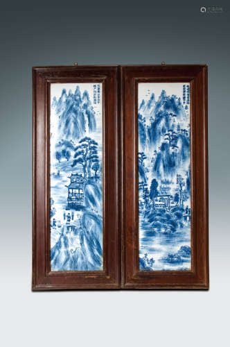民國 青花山水紋瓷板一對紅木框