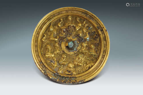 唐 銅鎏金鳳神紋鏡
