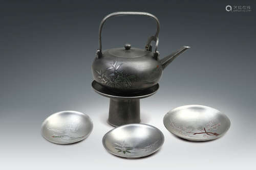 19世紀 日本製錫酒壺、酒盃一組五件