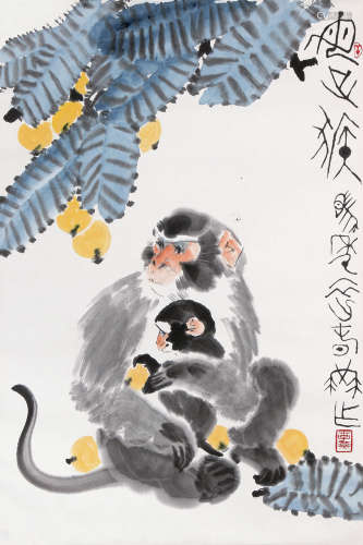李燕 母子猴 挂轴 设色纸本